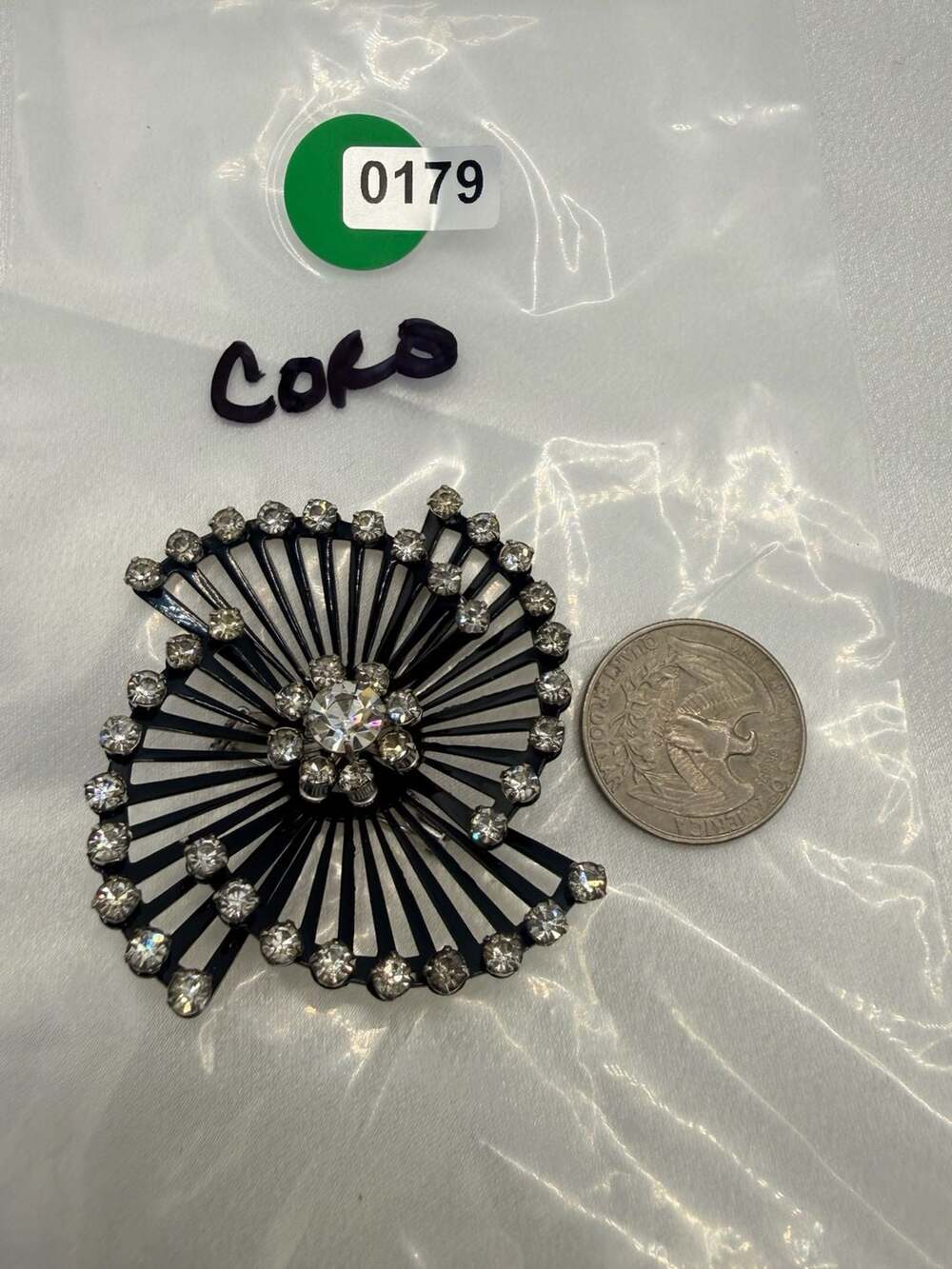 Coro Black Enamel Rhinestone Starburst Spiral Brooch